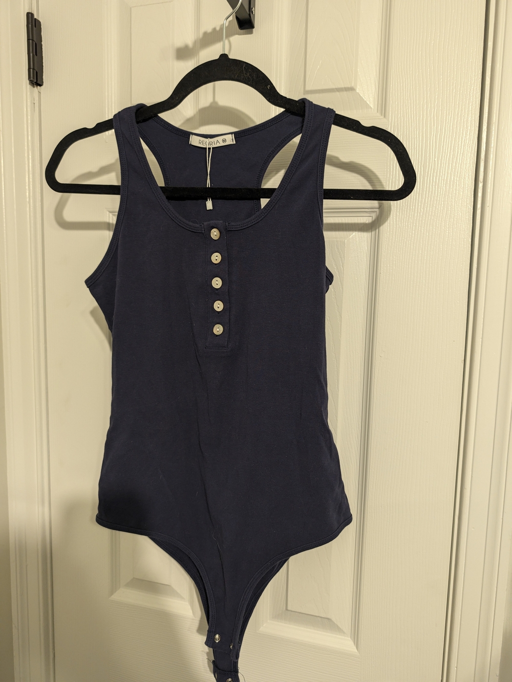 ReoRia Navy Ribbed Button-Front Racerback Bodysuit